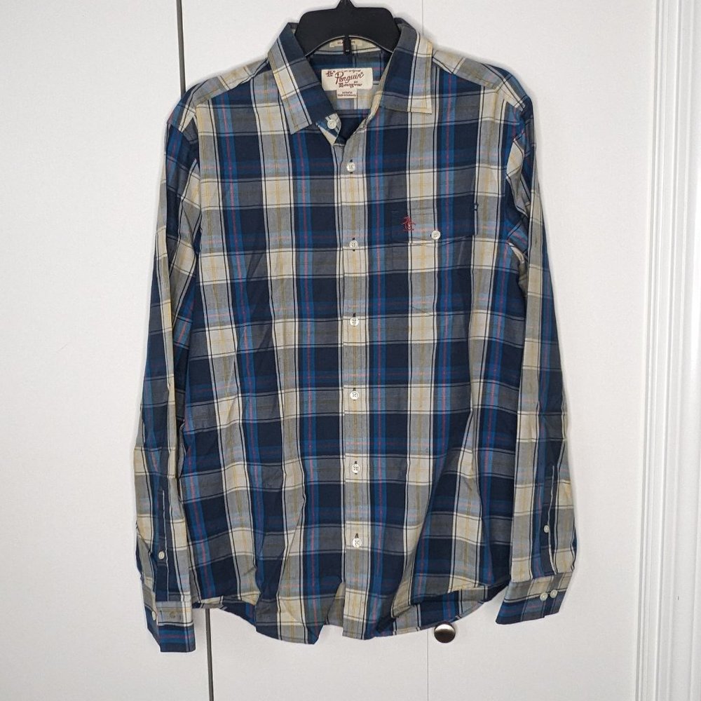 PENGUIN Mens medium M Long Sleeve Button-up shirt Plaid Blue/navy/yelllow